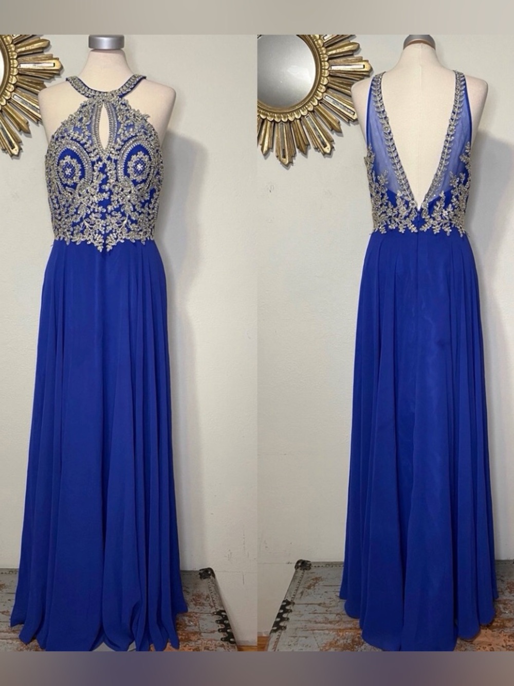 Coya Collection Blue Beaded Floral Decal Halter Gown